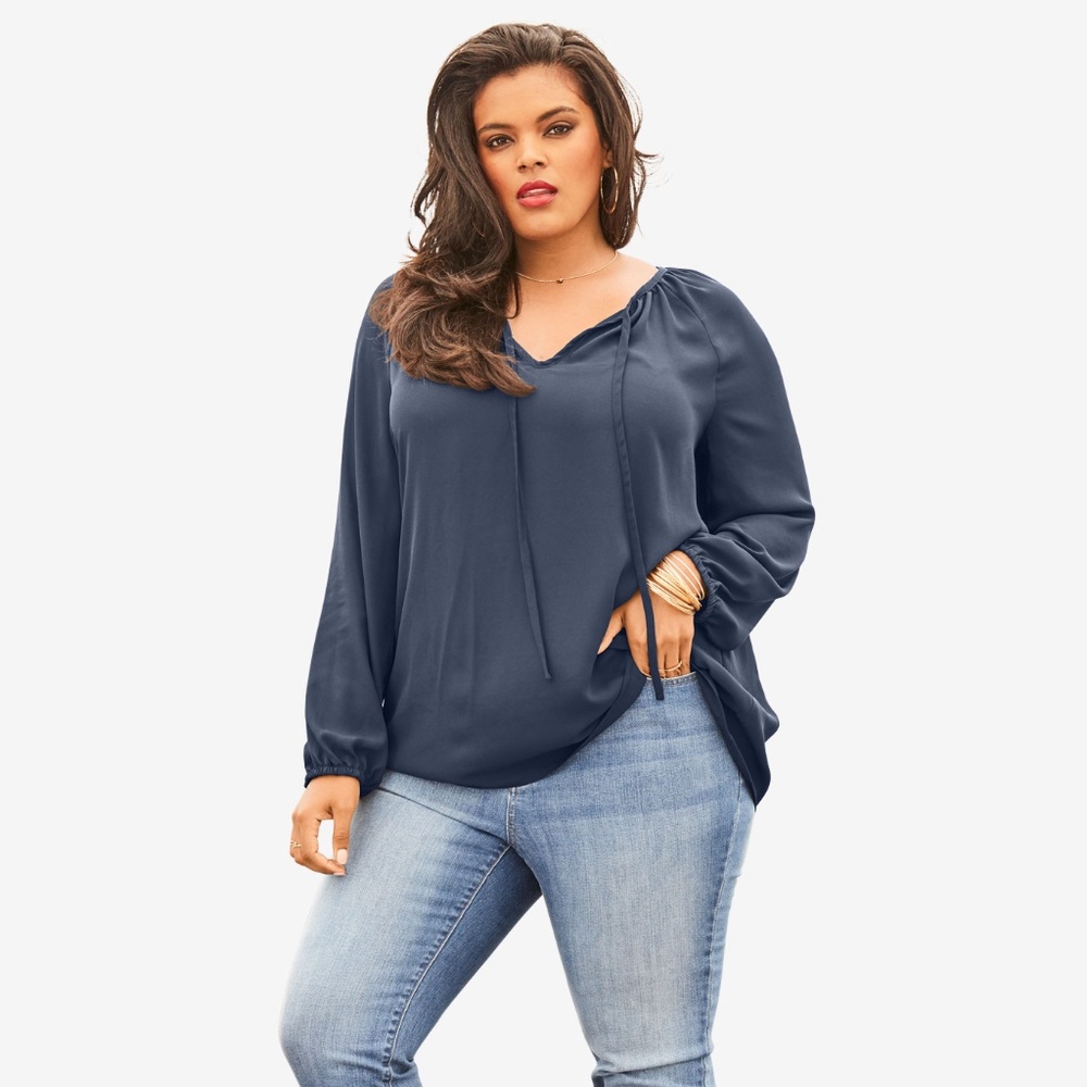 Roamans Tie Neck Peasant Blouse